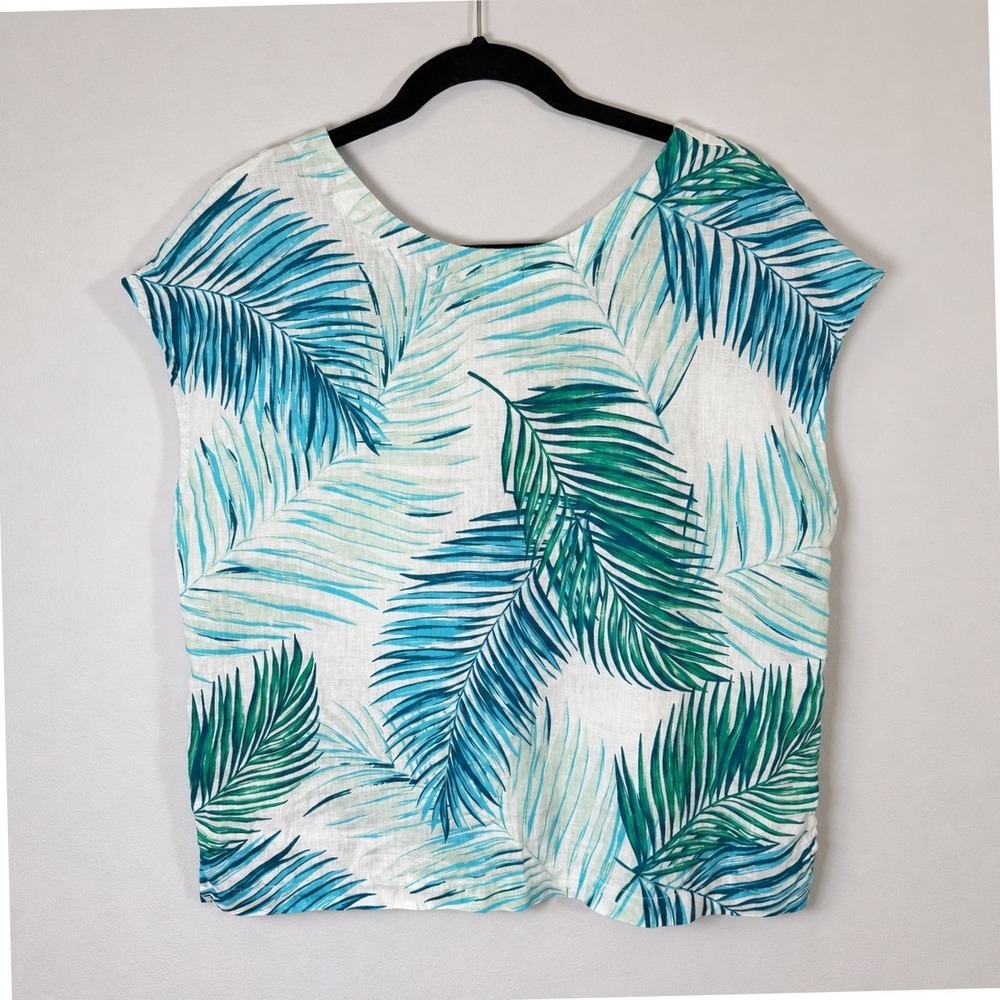 Tahari 100% Linen Top Tropical Palm Leaf Boxy Blouse‎ Coastal Resort Beach M